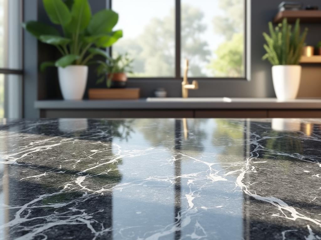 Encimera de mármol negro en una cocina moderna con plantas y ventanas grandes.