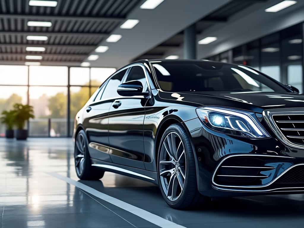Coche de lujo negro estacionado en un moderno showroom, con diseño elegante y luces LED encendidas.