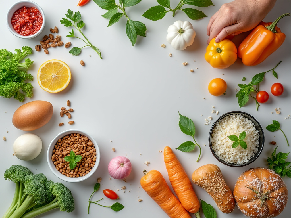Ingredientes frescos en una mesa, incluyendo pimientos naranjas, arroz, brócoli, zanahorias, limón, y una mano alcanzando un pimiento.