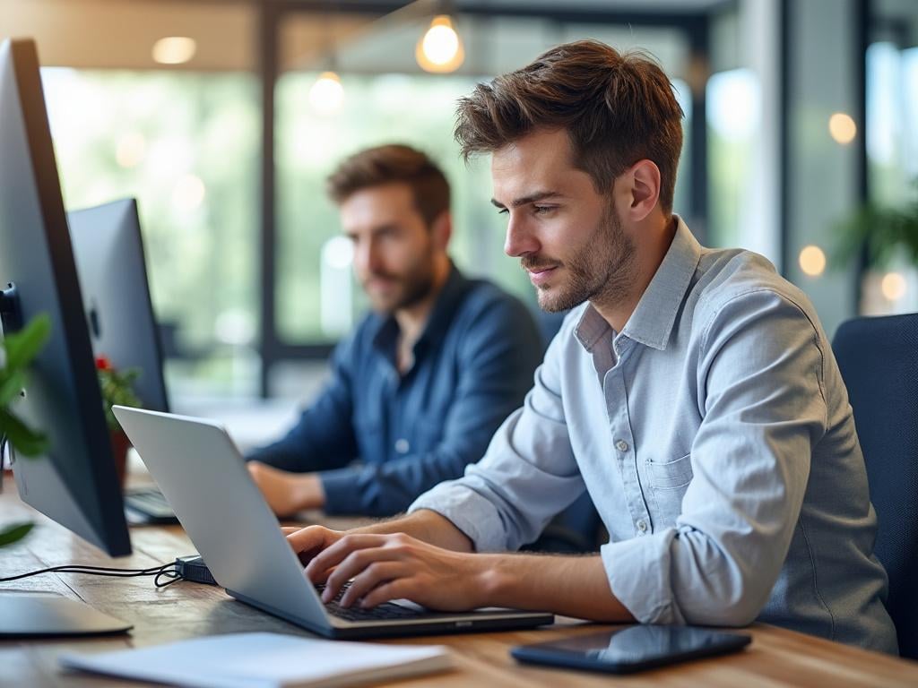 Dos hombres trabajando en computadoras portátiles en una oficina moderna.