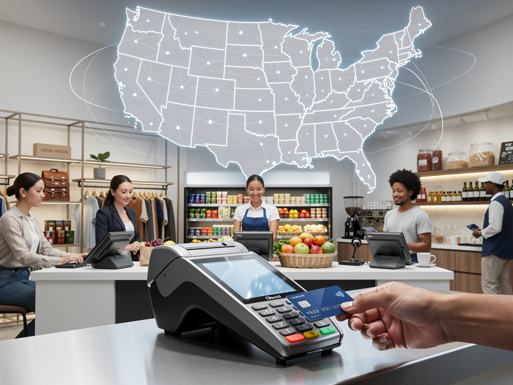Contactless credit card payment at retail POS terminal with staff and digital US network map