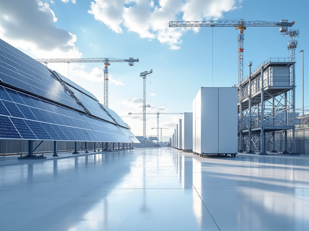 Paneles solares y estructuras metálicas en una planta de energía con grúas en el fondo, cielo azul con nubes.