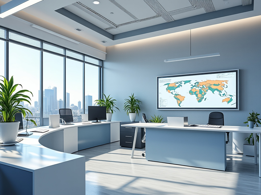 Oficina moderna luminosa con escritorios blancos, plantas, grandes ventanales con vista urbana y pantalla con mapa mundial