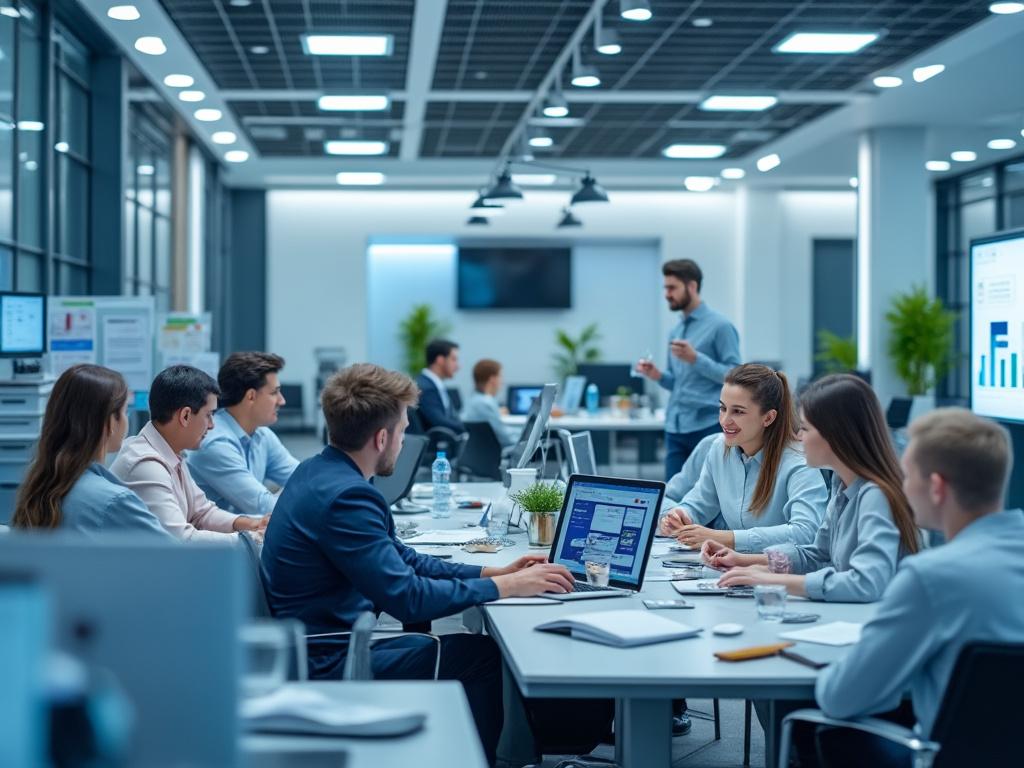 Group of professionals in a modern office, engaged in a collaborative meeting with laptops and charts.