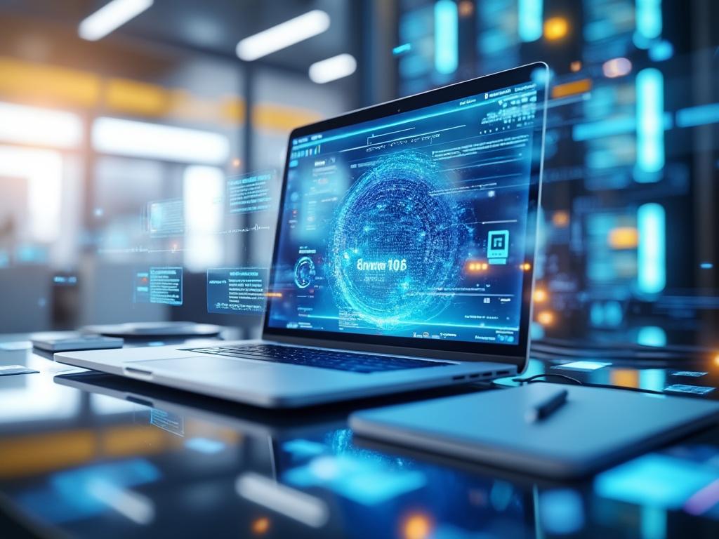 Portátil con pantalla que muestra datos futuristas en un entorno de oficina moderno.