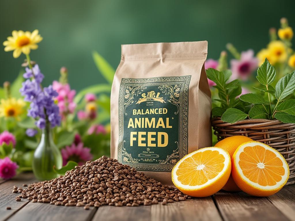 Bag of balanced animal feed with pellets, surrounded by fresh oranges and colorful flowers in a garden setting.
