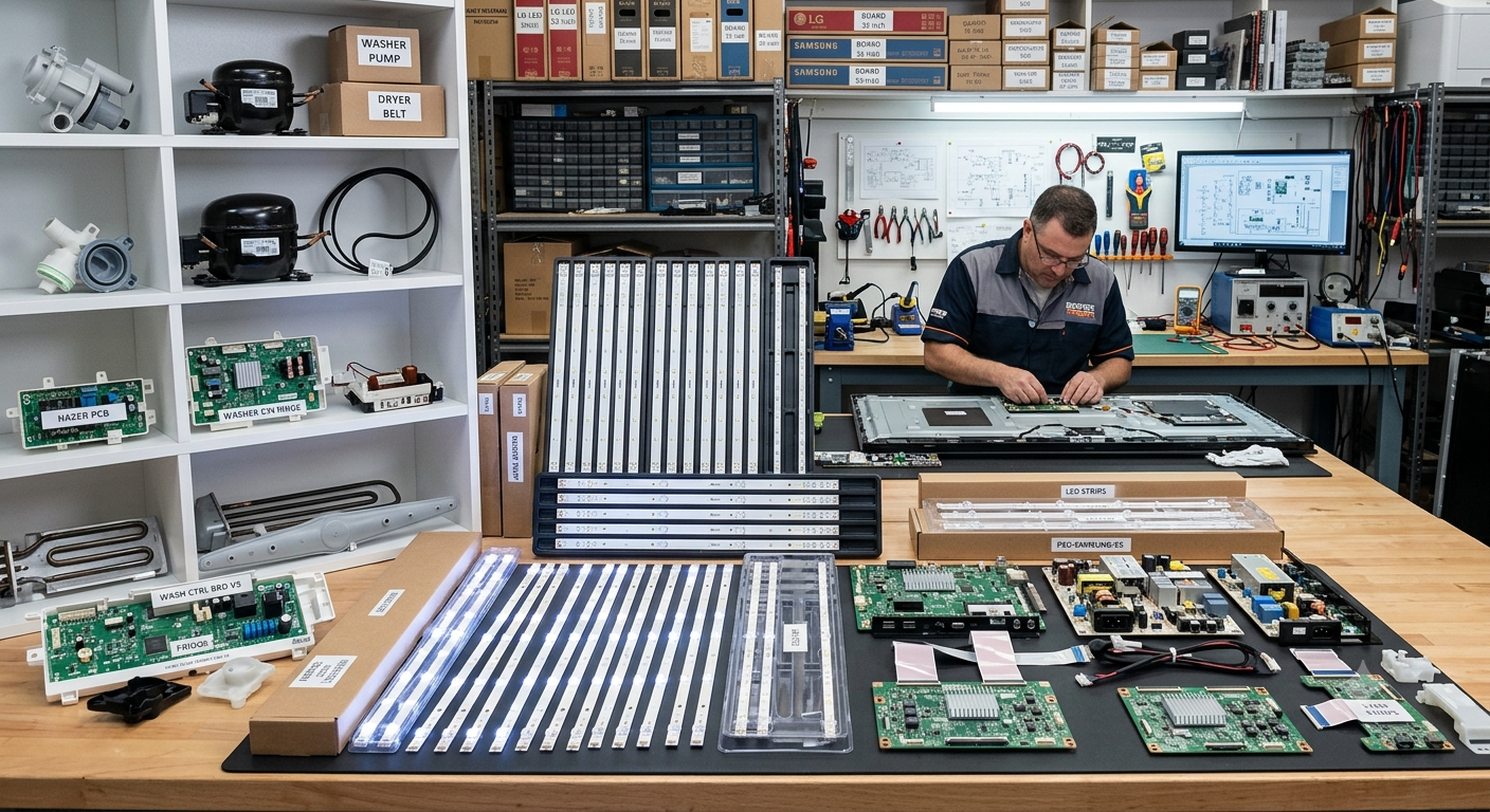 Tienda de tecnología con empleados reparando dispositivos móviles y cliente usando una tableta frente a vitrinas de accesorios para smartphones Tienda de tecnología con empleados reparando dispositivos móviles y cliente usando una tableta frente a vitrinas de accesorios para smartphones