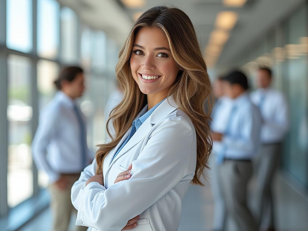 Smiling woman in a white lab coat standing in a bright office corridor with colleagues in the background.