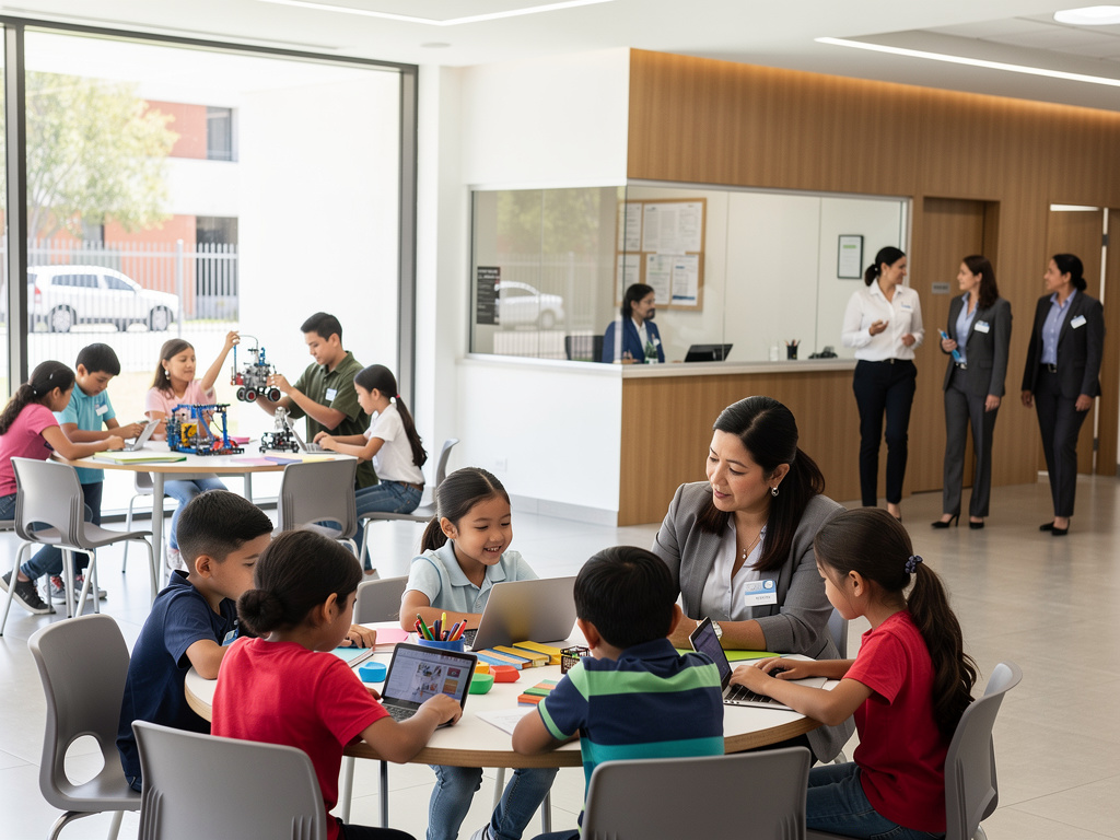 Niños aprendiendo robótica y tecnología con maestra en aula moderna de centro educativo