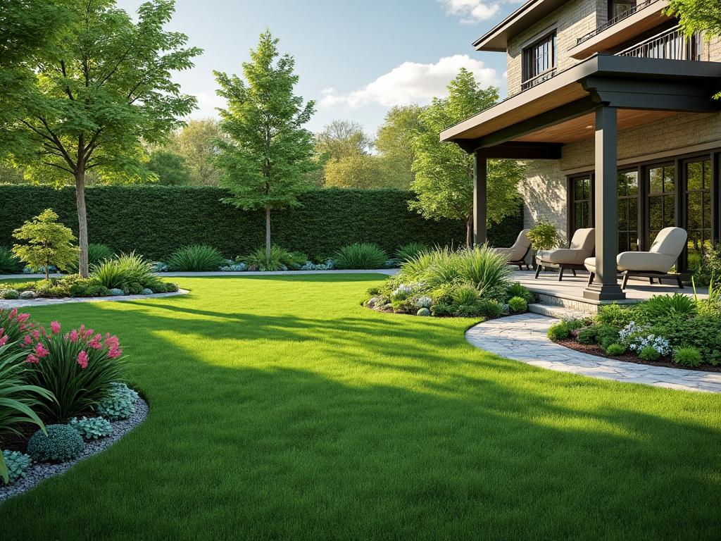 Jardín verde bien cuidado con césped, plantas decorativas y un porche moderno con muebles, rodeado de árboles y setos.