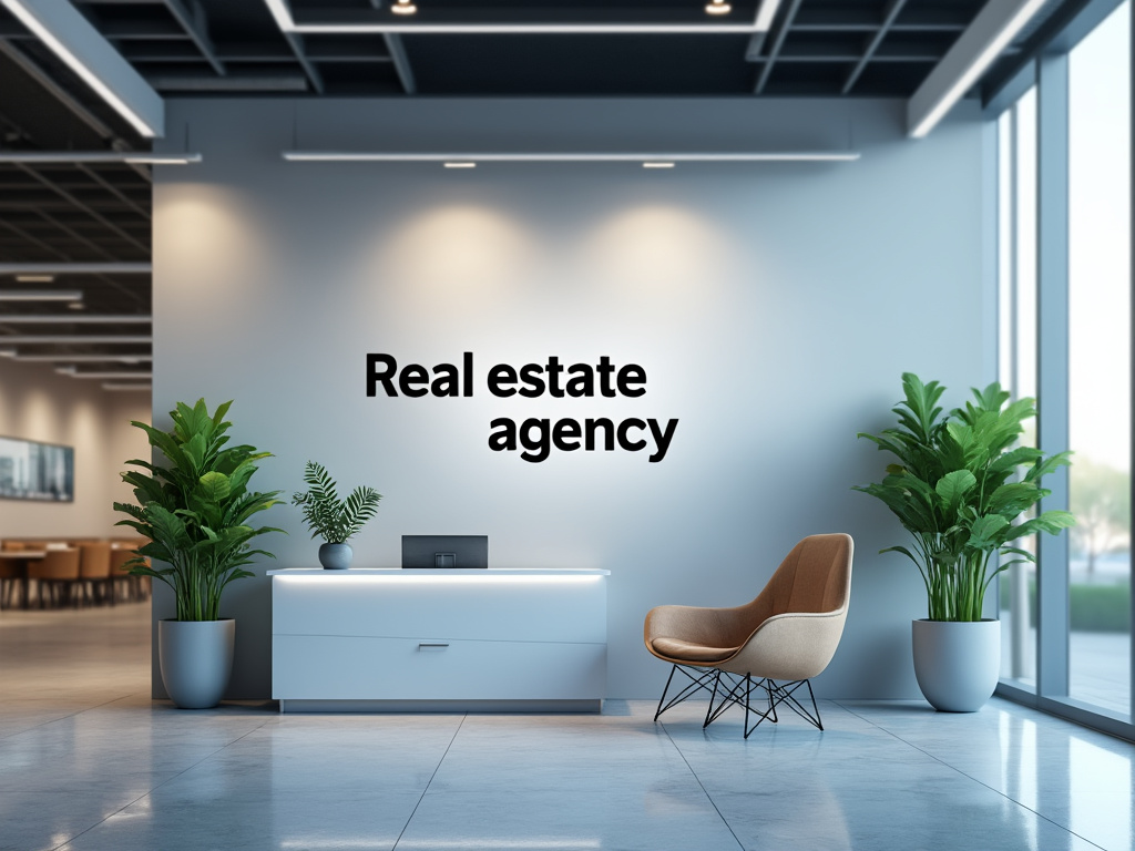 Recepción de agencia inmobiliaria moderna con planta decorativa y silla elegante.
