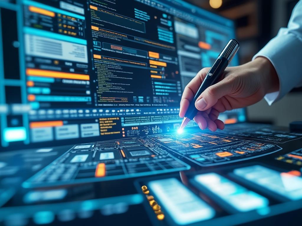 Person using a digital stylus on a futuristic touchscreen interface displaying complex data and programming code.