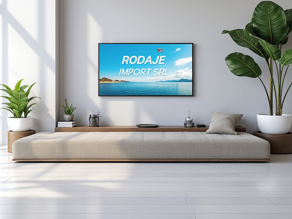 Sala minimalista con sofá beige, plantas en macetas blancas y cuadro azul en la pared.