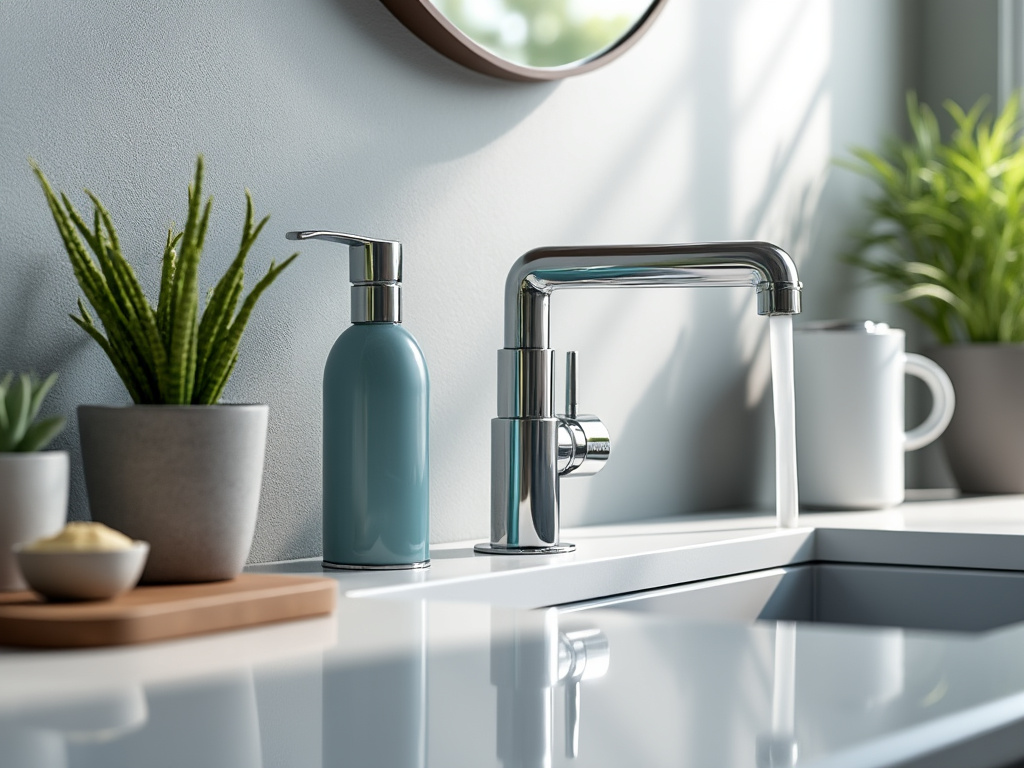 Fregadero moderno con grifo cromado y dispensador de jabón azul, rodeado de plantas en macetas pequeñas.