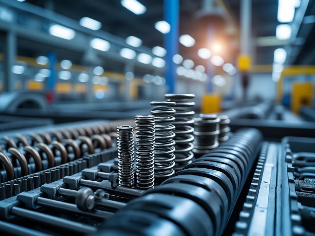 Muelles metálicos de varios tamaños apilados en una fábrica moderna con luz natural.