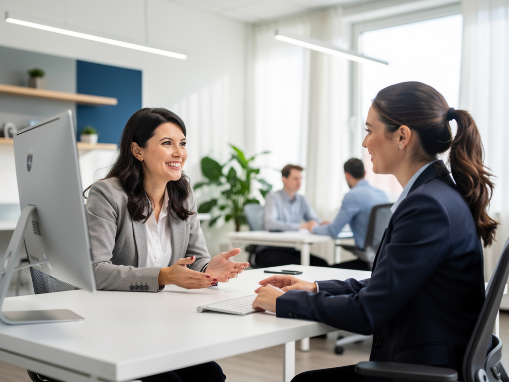 Entrevista de trabajo en oficina moderna con dos mujeres profesionales conversando en escritorio Entrevista de trabajo en oficina moderna con dos mujeres profesionales conversando en escritorio
