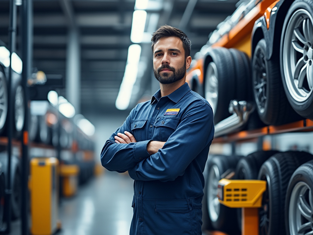 Mecánico automotriz con uniforme azul de pie en taller de neumáticos con ruedas y llantas en estanterías
