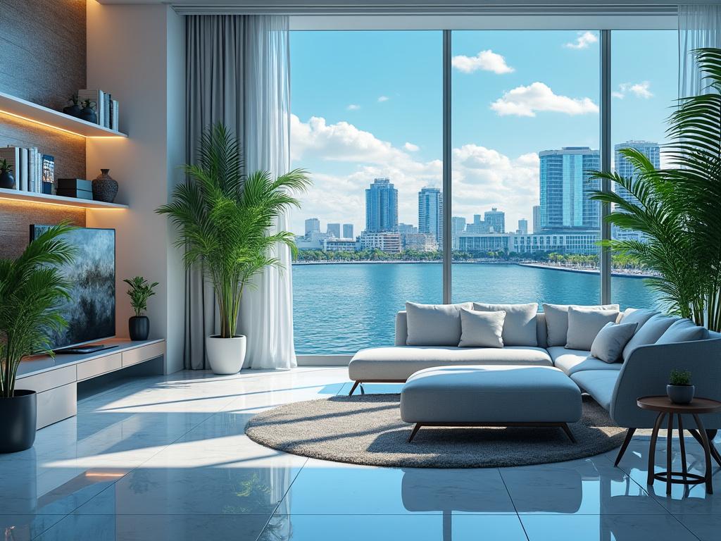 Modern living room with a large window view of a city skyline across a body of water, featuring a white sectional sofa, indoor plants, and a stylish entertainment center.