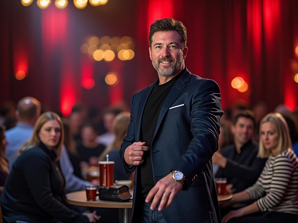 Man in a blazer smiling confidently in a dimly lit, warmly decorated venue with people seated at tables in the background. Man in a blazer smiling confidently in a dimly lit, warmly decorated venue with people seated at tables in the background.