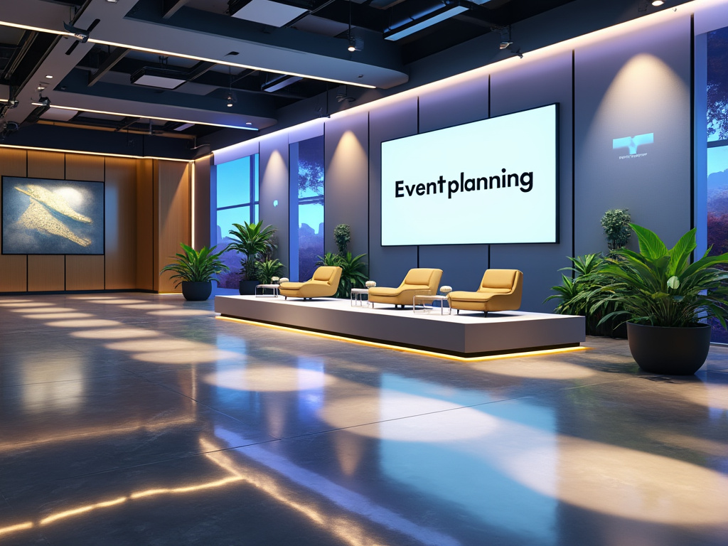 Sala de conferencias moderna con escenario, sillas amarillas, pantalla de proyección con texto 'Eventplanning' y plantas decorativas.