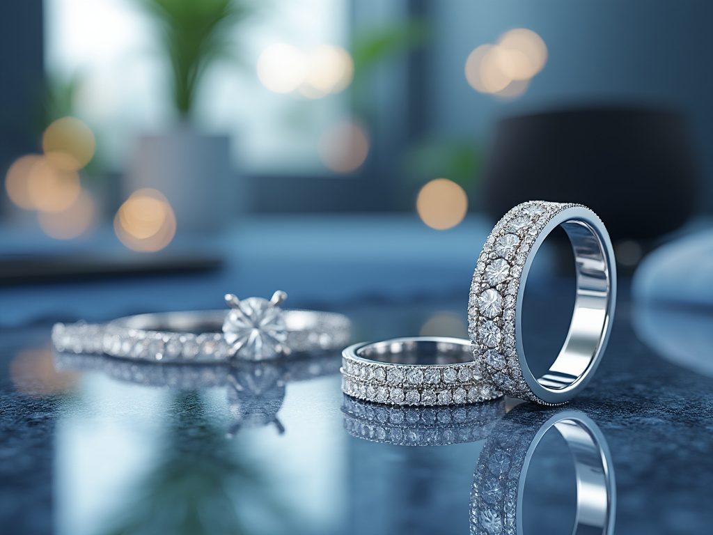 Anillos de boda de diamantes sobre una superficie brillante, con luces desenfocadas al fondo.