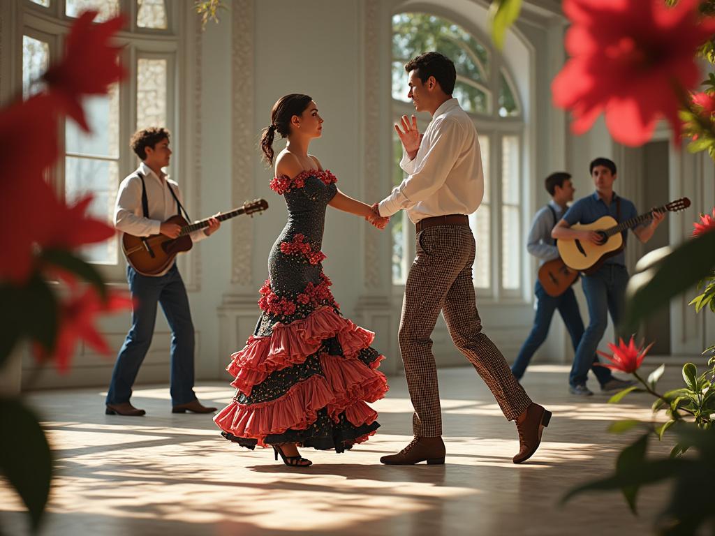 Pareja bailando flamenco en un salón iluminado, con músicos tocando guitarras en el fondo y flores rojas en primer plano.