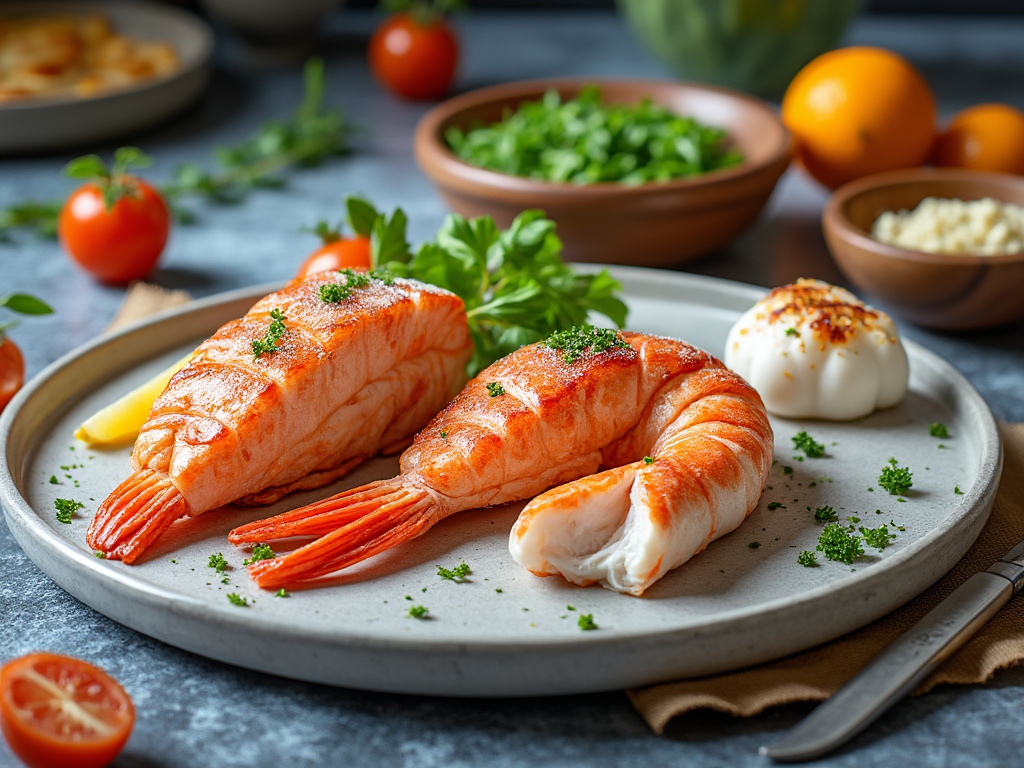 Gambas a la plancha servidas en un plato, acompañadas de ajo asado y perejil fresco, con tomates y hierbas al fondo.