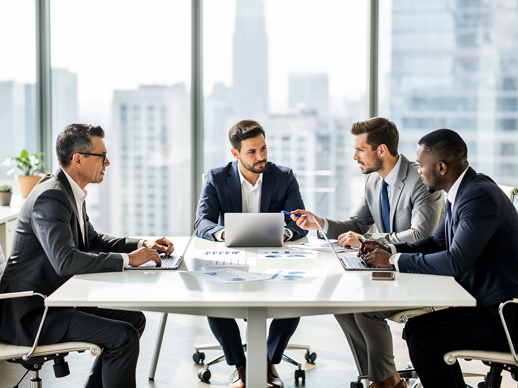 Reunión de negocios con cuatro ejecutivos analizando gráficos y portátiles en oficina moderna