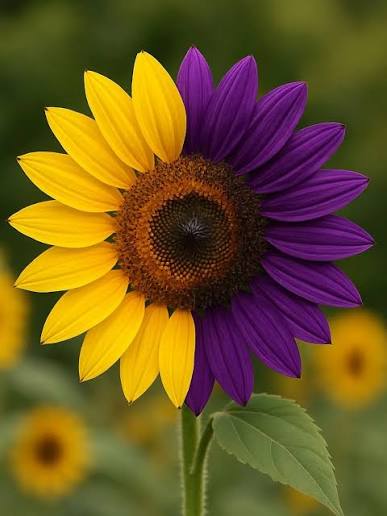Girasol bicolor con pétalos amarillos y morados en un jardín