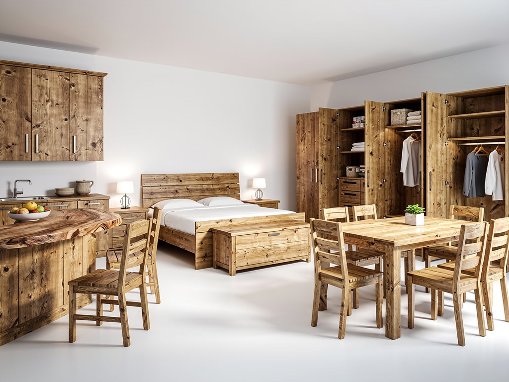 Dormitorio y comedor con muebles rústicos de madera maciza, cama, armarios abiertos, mesa, sillas y cocina en ambiente moderno
