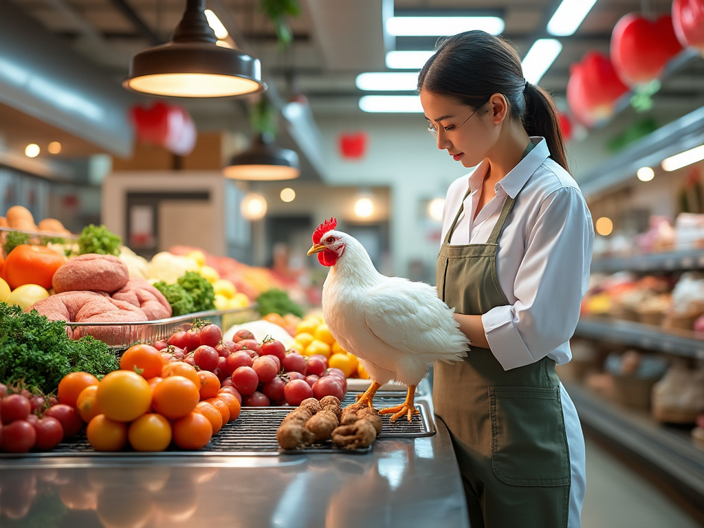 Mujer joven en delantal sujetando un pollo mientras elige frutas y verduras frescas en un mercado iluminado.