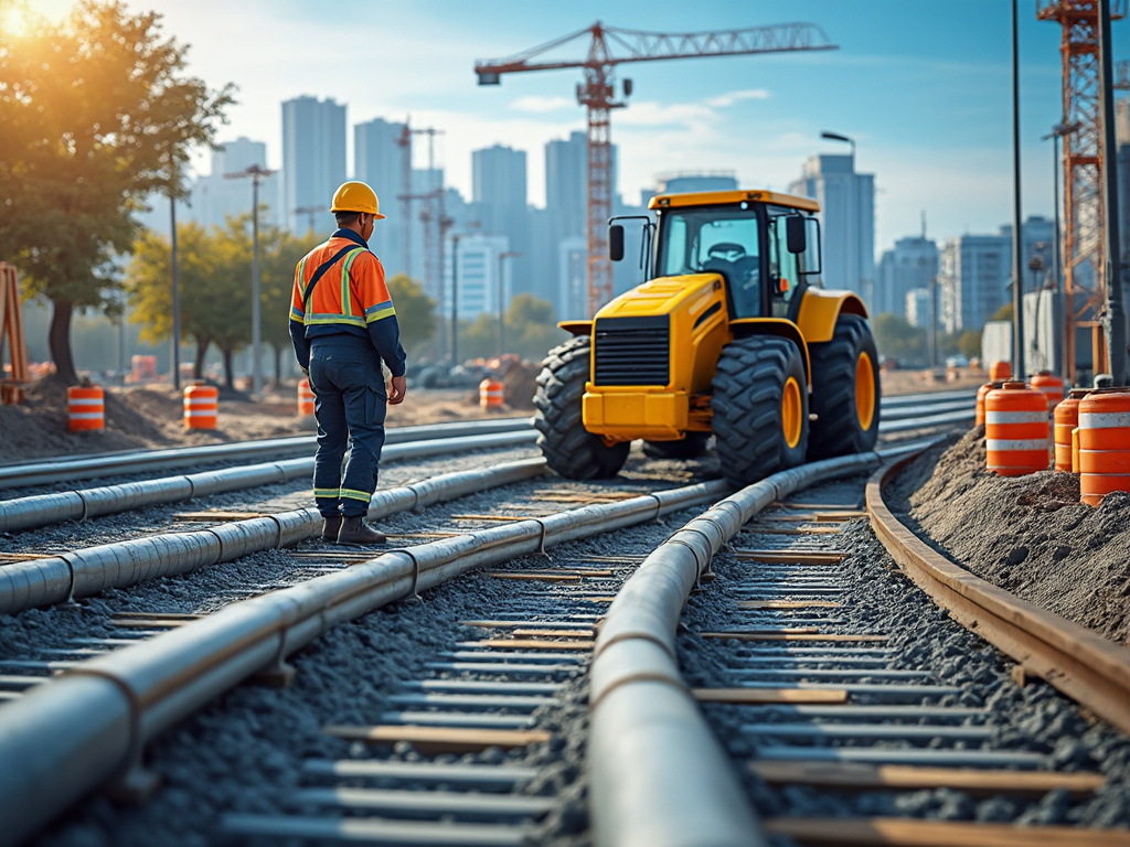 Obrero de construcción con casco junto a maquinaria pesada en obra ferroviaria urbana con grúas y rascacielos al fondo Obrero de construcción con casco junto a maquinaria pesada en obra ferroviaria urbana con grúas y rascacielos al fondo