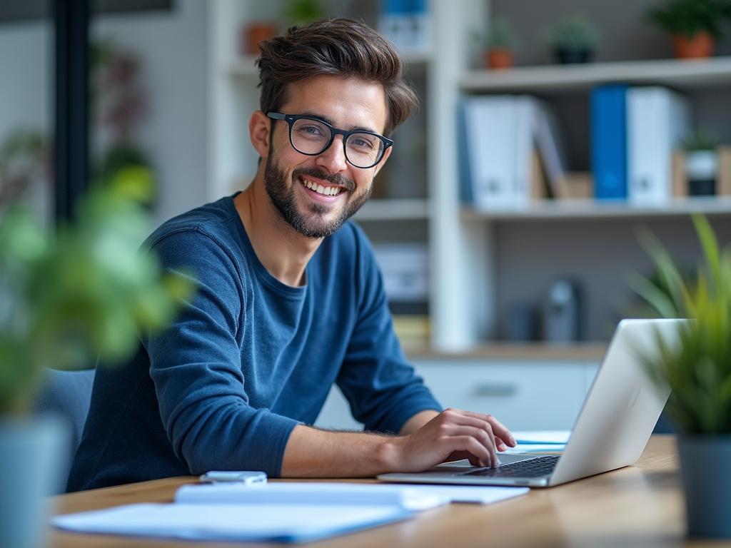 Hombre con gafas y barba sonriendo mientras trabaja en una computadora portátil en una oficina moderna con estantes de archivos y plantas.