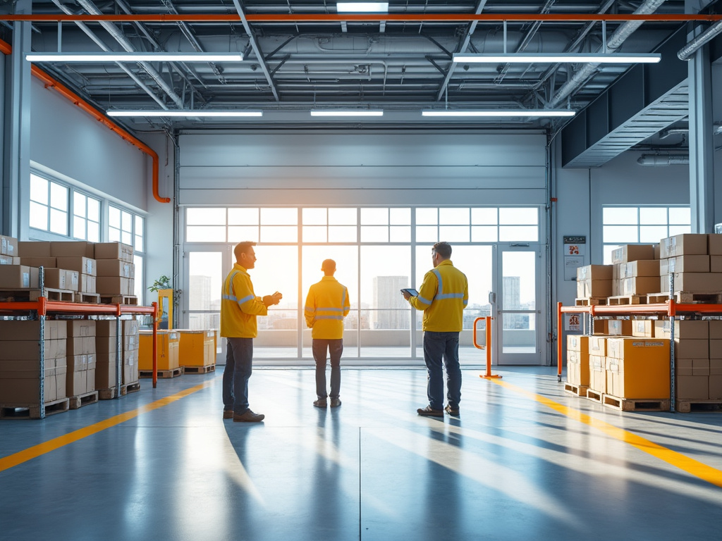 Trabajadores discutiendo en un almacén amplio con cajas apiladas, con luz de sol entrando por grandes ventanas.