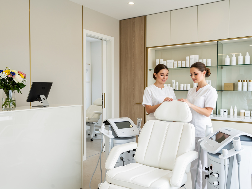 Clínica estética moderna con dos cosmetólogas, sillón de tratamiento blanco y equipos de belleza profesionales Clínica estética moderna con dos cosmetólogas, sillón de tratamiento blanco y equipos de belleza profesionales