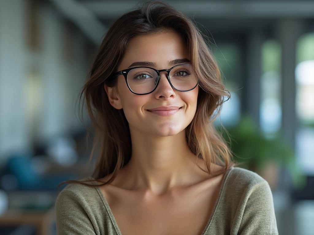 Una mujer joven con gafas sonríe mientras está en un espacio interior moderno.
