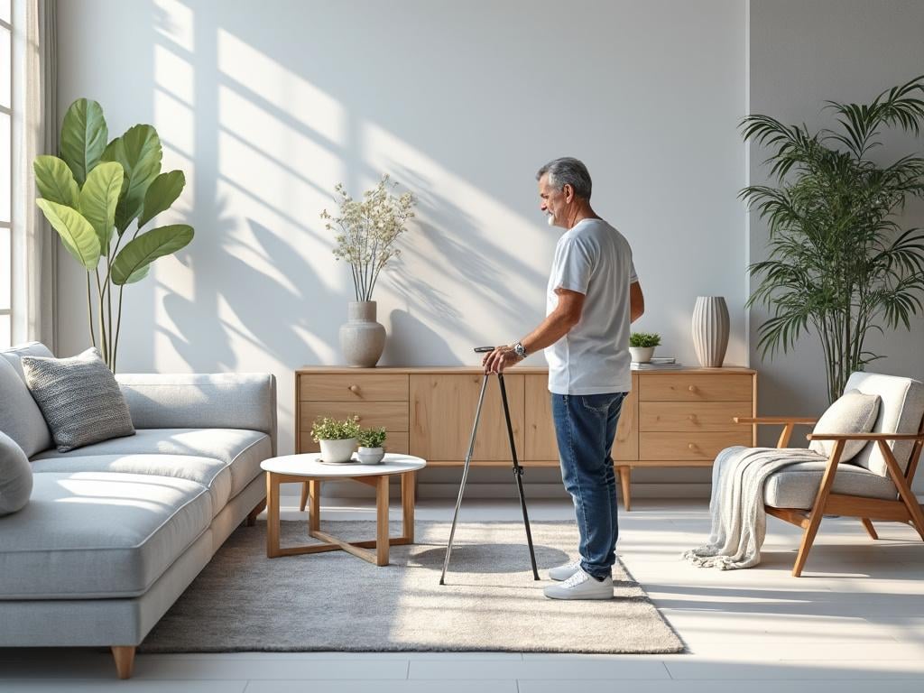 Senior man using a walking aid in a bright, modern living room with a sofa, wooden furniture, and indoor plants.