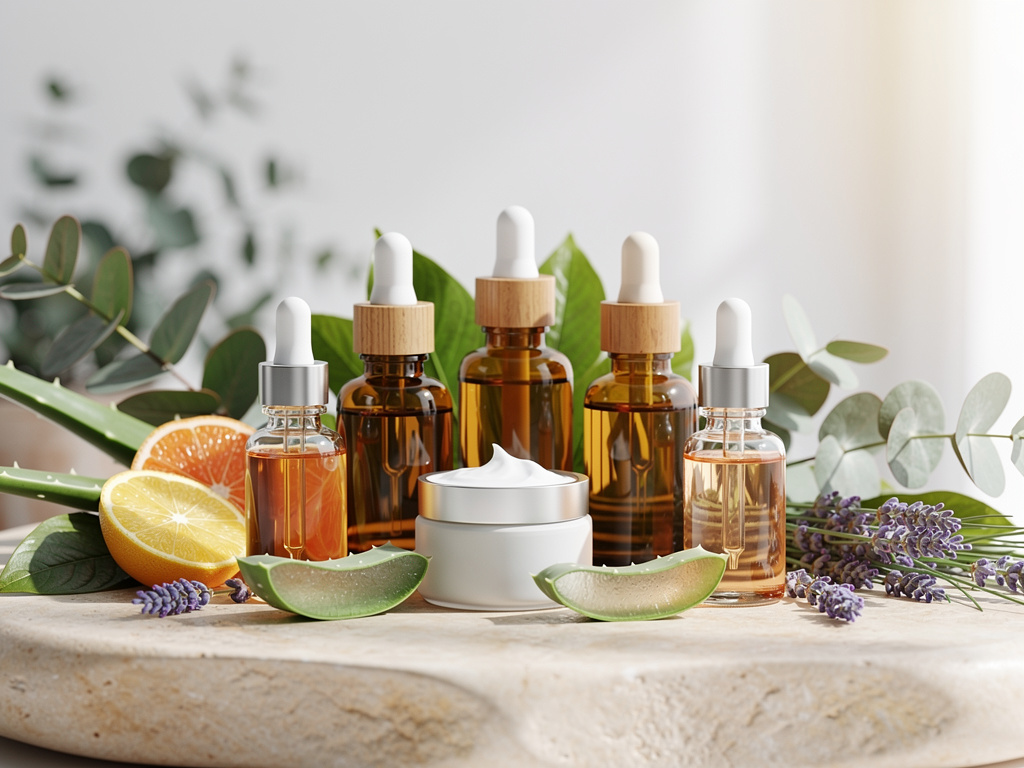 Cosmética natural con frascos de sérum, crema facial, aloe vera, cítricos y lavanda en fondo luminoso Cosmética natural con frascos de sérum, crema facial, aloe vera, cítricos y lavanda en fondo luminoso