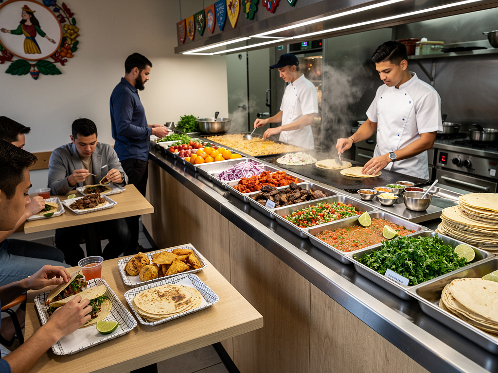 Taquería mexicana con chefs preparando tacos y tortillas, barra de ingredientes frescos y clientes comiendo