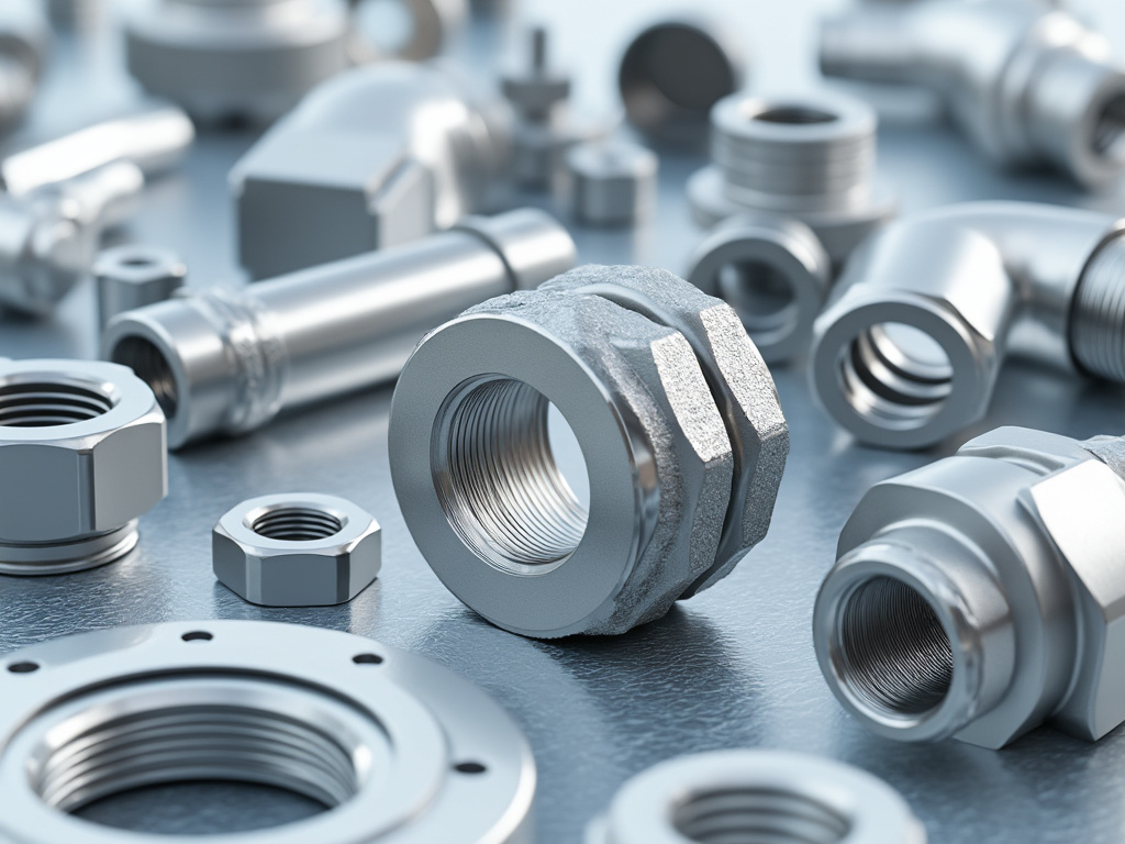 Componentes metálicos industriales, como tuercas y pernos de acero, en una superficie de trabajo.