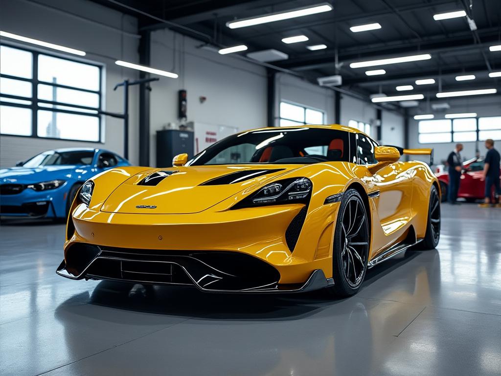 Coche deportivo amarillo en un garaje moderno con un coche azul al fondo.