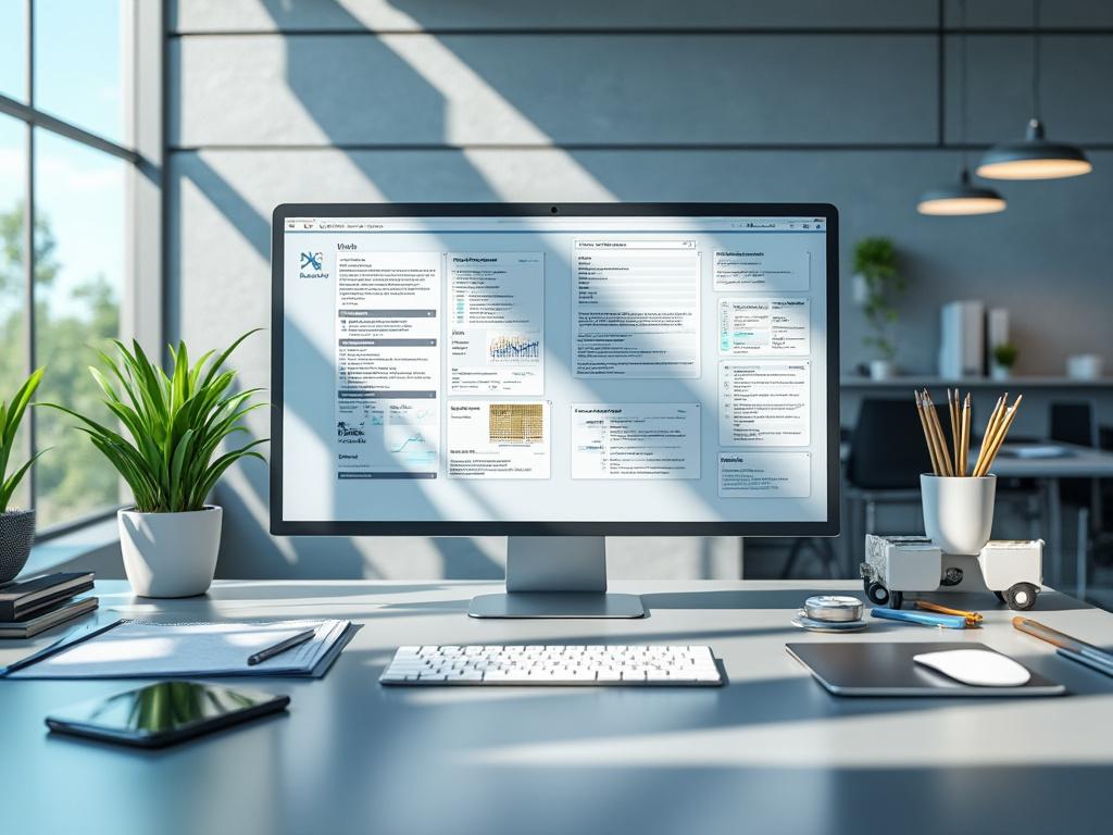 Escritorio moderno con computadora, plantas y accesorios de oficina en entorno luminoso. Escritorio moderno con computadora, plantas y accesorios de oficina en entorno luminoso.