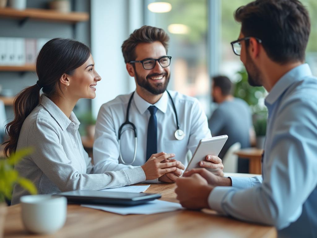 Three people having a professional meeting at a table, with a doctor holding a tablet and smiling.