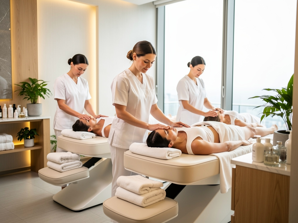 Terapeutas realizando tratamientos faciales relajantes en un spa moderno y luminoso