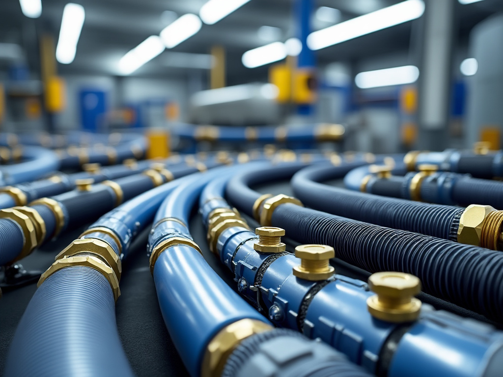 Close-up view of industrial blue pipes with brass fittings in a factory setting.