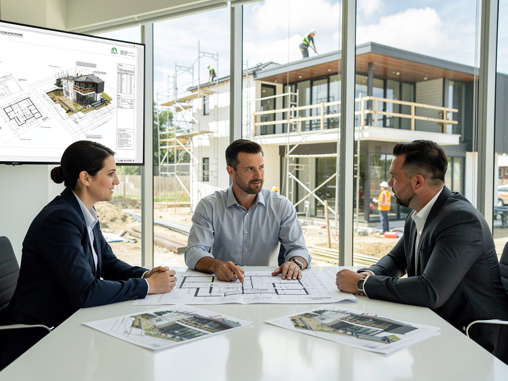 Architects and developers reviewing blueprints in office overlooking modern residential construction site Architects and developers reviewing blueprints in office overlooking modern residential construction site