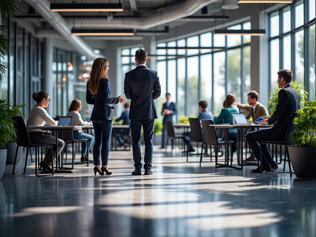 Modern office environment with professionals discussing work, open space, large windows, and green plants.