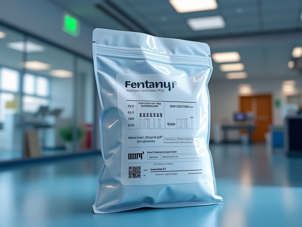 Bolsa médica sellada etiquetada como fentanilo sobre una mesa en un laboratorio hospitalario moderno