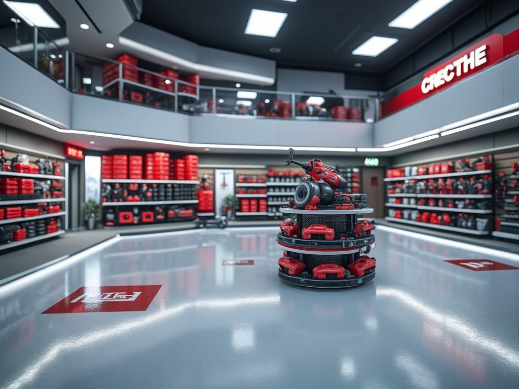 Tienda moderna de herramientas con estanterías llenas de cajas rojas y herramientas eléctricas en exhibición central.