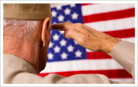 Senior veteran saluting American flag||||